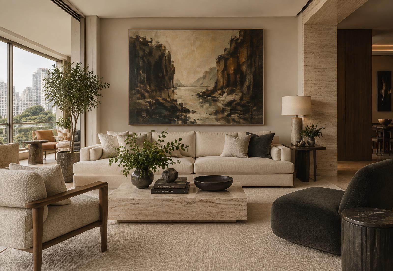 Sala de estar sofisticada com uma grande obra de arte emoldurada sobre o sofá